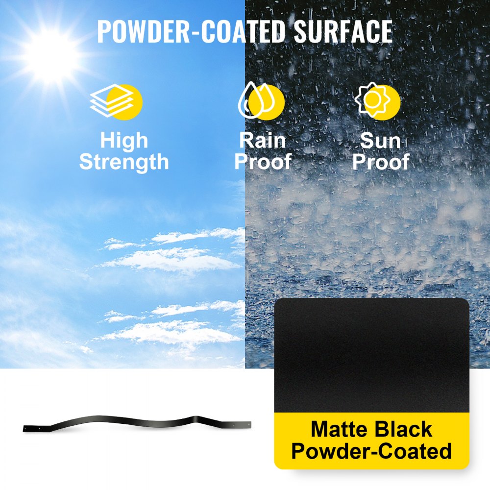 Graphic showing matte black powder-coated surface of iron deck balusters with high strength, rain proof, and sun proof icons.