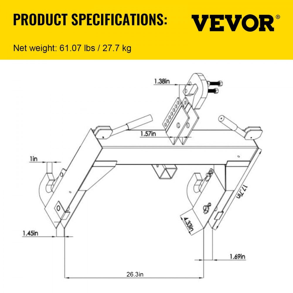 3-Point Quick Hitch, 3000 LBS Lifting Capacity Tractor Quick Hitch, 28.31" Between Lower Arms Attachments Quick Hitch, No Welding & 5 Level Adjustable Bolt, Adaptation to Category 1 & 2 Tractors