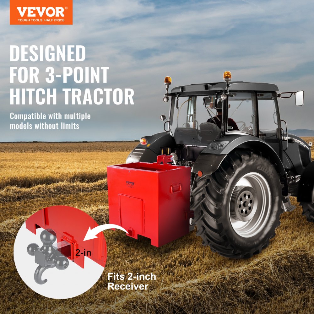 Ballast Box 3 Point Category 1 Tractor, 800lbs Capacity Hitch Ballast Box, for 2`` Hitch Receiver, Tractor Ballast Box with 5cu.ft Volume, Heavy-duty Steel, Red