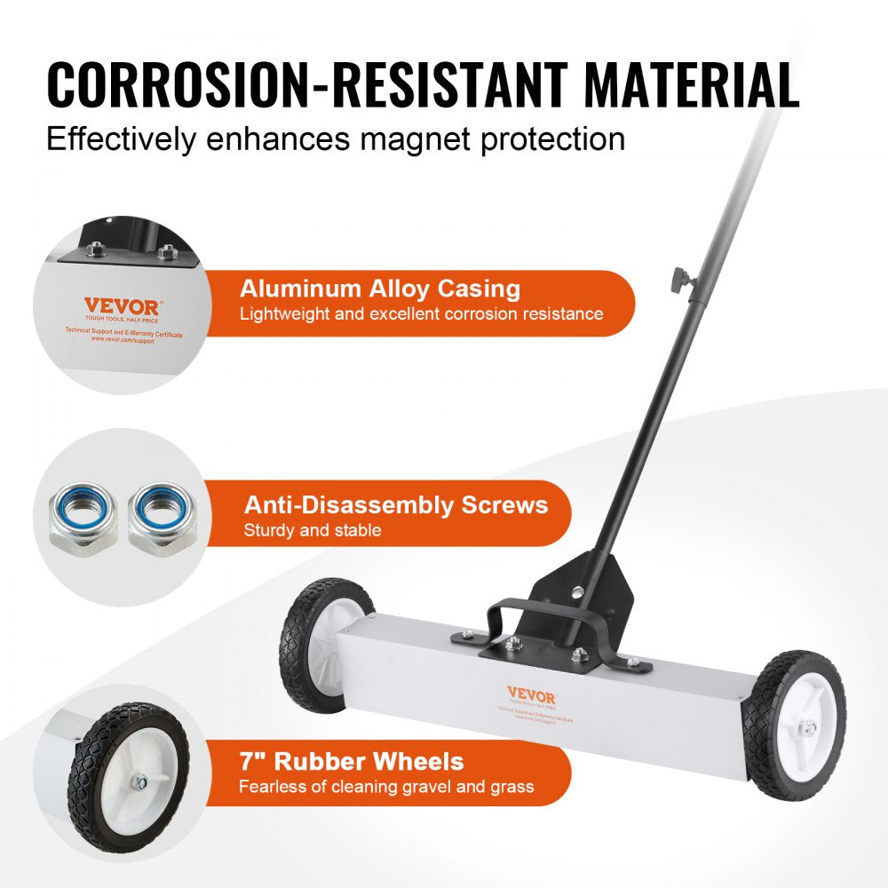 50Lbs Rolling Magnetic Sweeper with Wheels, Push-Type Magnetic Pick Up Sweeper, 24-inch Large Magnet Pickup Lawn Sweeper with Telescoping Handle, Easy Cleanup of Workshop Garage Yard