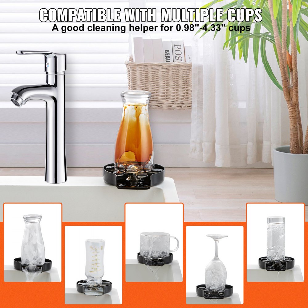 Glass Rinser, 10 Powerful Spraying Jets 360° Rotating Cup Rinser for Sink, 304 Stainless Steel Faucet Cup Washer & Silicone Nonslip Pad for Baby Bottle, Glass Cup, Wine Glass (Matte Black Base)