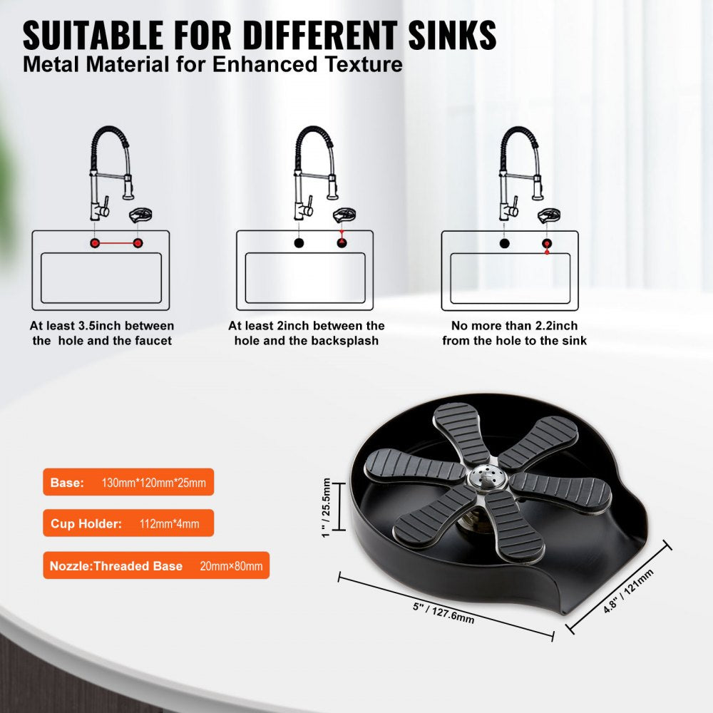Glass Rinser, 10 Powerful Spraying Jets 360° Rotating Cup Rinser for Sink, 304 Stainless Steel Faucet Cup Washer & Silicone Nonslip Pad for Baby Bottle, Glass Cup, Wine Glass (Matte Black Base)