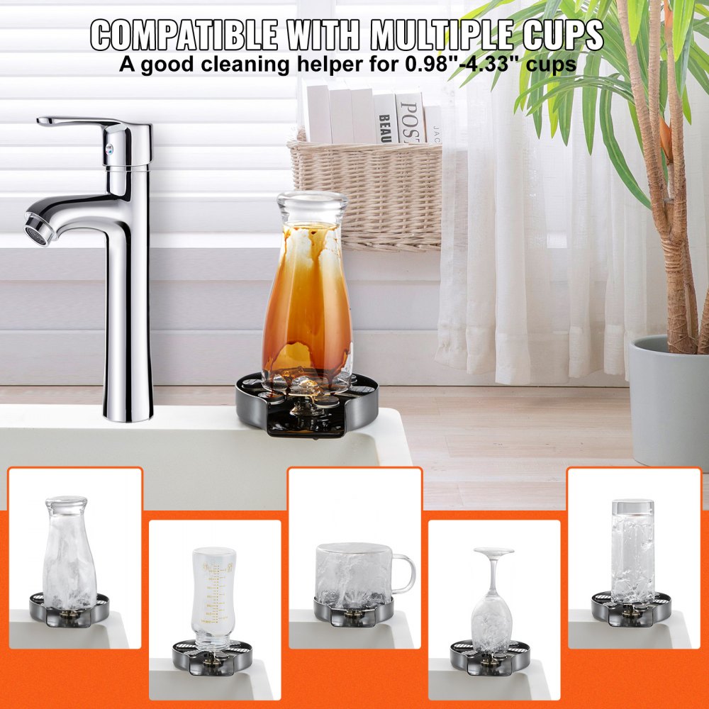 Glass Rinser, 10 Powerful Spraying Jets 360° Rotating Cup Rinser for Sink, 304 Stainless Steel Faucet Cup Washer & Silicone Nonslip Pad for Baby Bottle, Glass Cup, Wine Glass (Silver Grey Base)