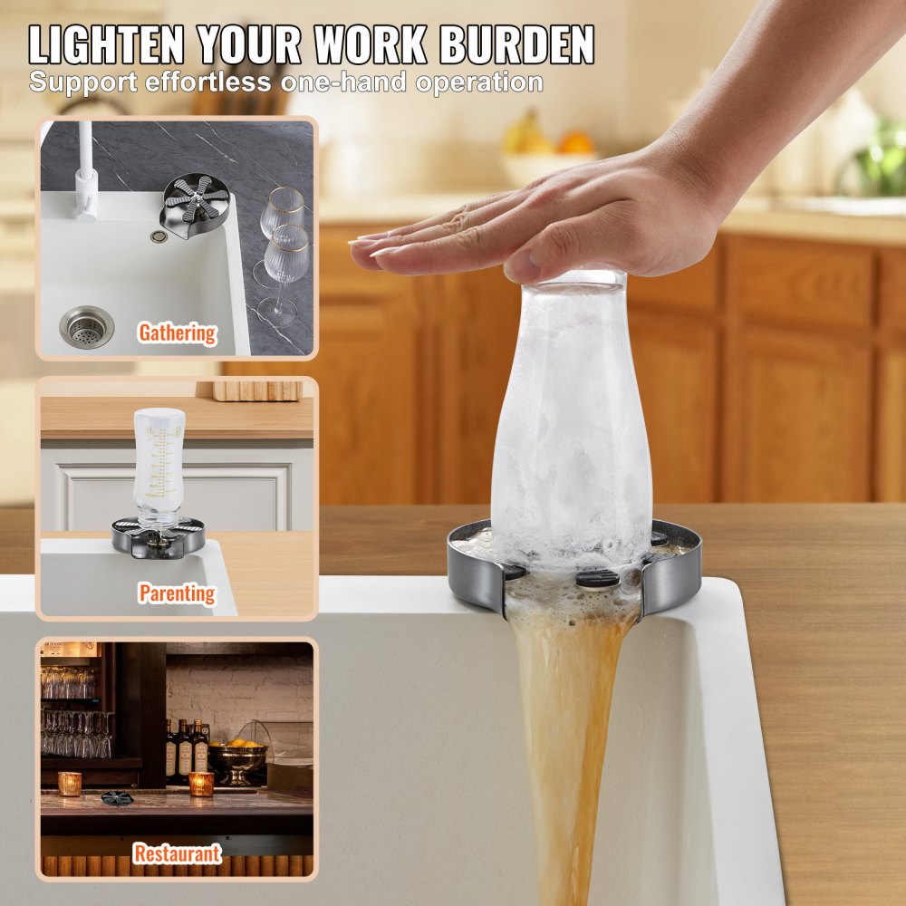 Glass Rinser, 10 Powerful Spraying Jets 360° Rotating Cup Rinser for Sink, 304 Stainless Steel Faucet Cup Washer & Silicone Nonslip Pad for Baby Bottle, Glass Cup, Wine Glass (Silver Grey Base)
