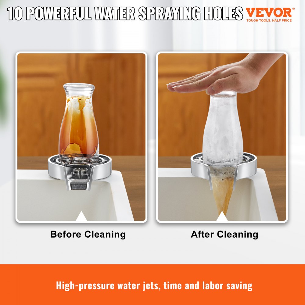 Glass Rinser, 10 Powerful Spraying Jets 360° Rotating Cup Rinser for Sink, Wearproof ABS Kitchen Sink Faucet Cup Washer & ABS Cup Holder for Baby Bottle, Glass Cup, Wine Glass(Silver Grey Base)