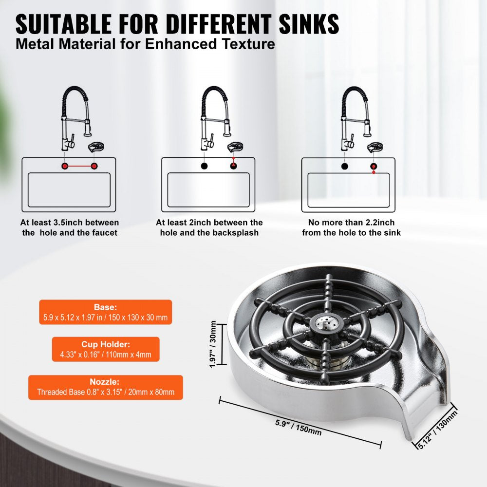 Glass Rinser, 10 Powerful Spraying Jets 360° Rotating Cup Rinser for Sink, Wearproof ABS Kitchen Sink Faucet Cup Washer & ABS Cup Holder for Baby Bottle, Glass Cup, Wine Glass(Silver Grey Base)