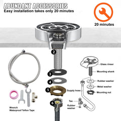 Glass Rinser, 10 Powerful Spraying Jets 360° Rotating Cup Rinser for Sink, Wearproof ABS Kitchen Sink Faucet Cup Washer & ABS Cup Holder for Baby Bottle, Glass Cup, Wine Glass(Silver Grey Base)
