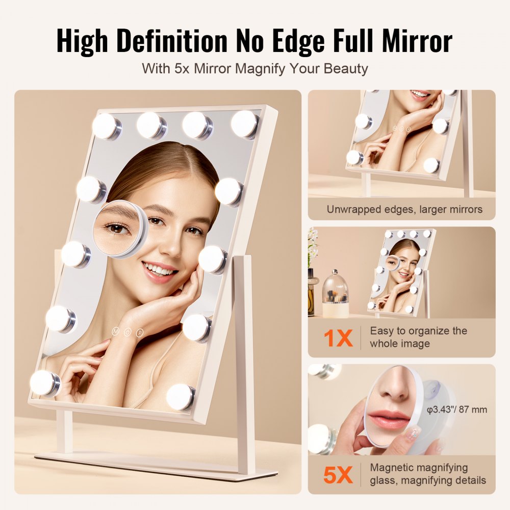 Hollywood Vanity Makeup Mirror With Lights 5X Magnification 16.1x11.8 in