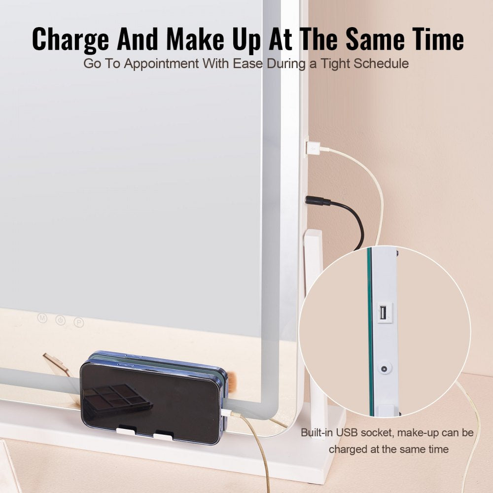 Lighted Makeup Mirror 3 Color Vanity w/ USB Port Magnification21.7x17.7 in