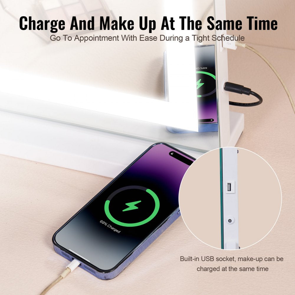 Lighted Makeup Mirror 3 Color Vanity w/ USB Desktop Wall-mount 31.5x21.7in