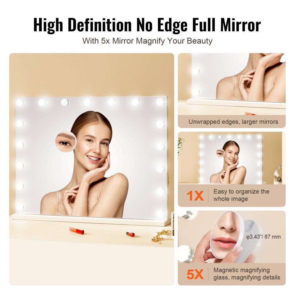 Hollywood Vanity Mirror With Lights w/ USB Type C Desktop Wallmount 23.6in