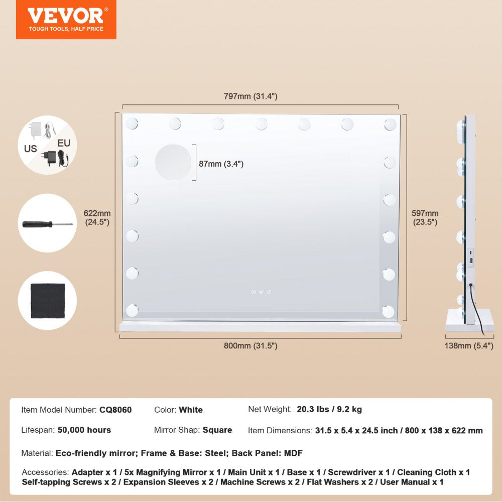 Hollywood Vanity Mirror With Lights w/ USB Type C Desktop Wallmount 23.6in
