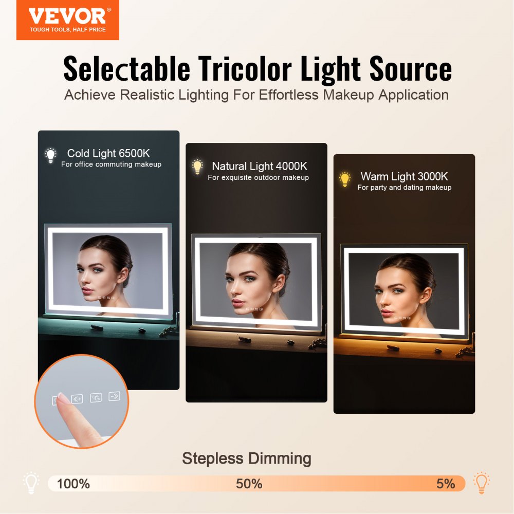 Lighted Makeup Mirror 3 Color w/ Bluetooth USB Desktop Wall-mount 21.7in