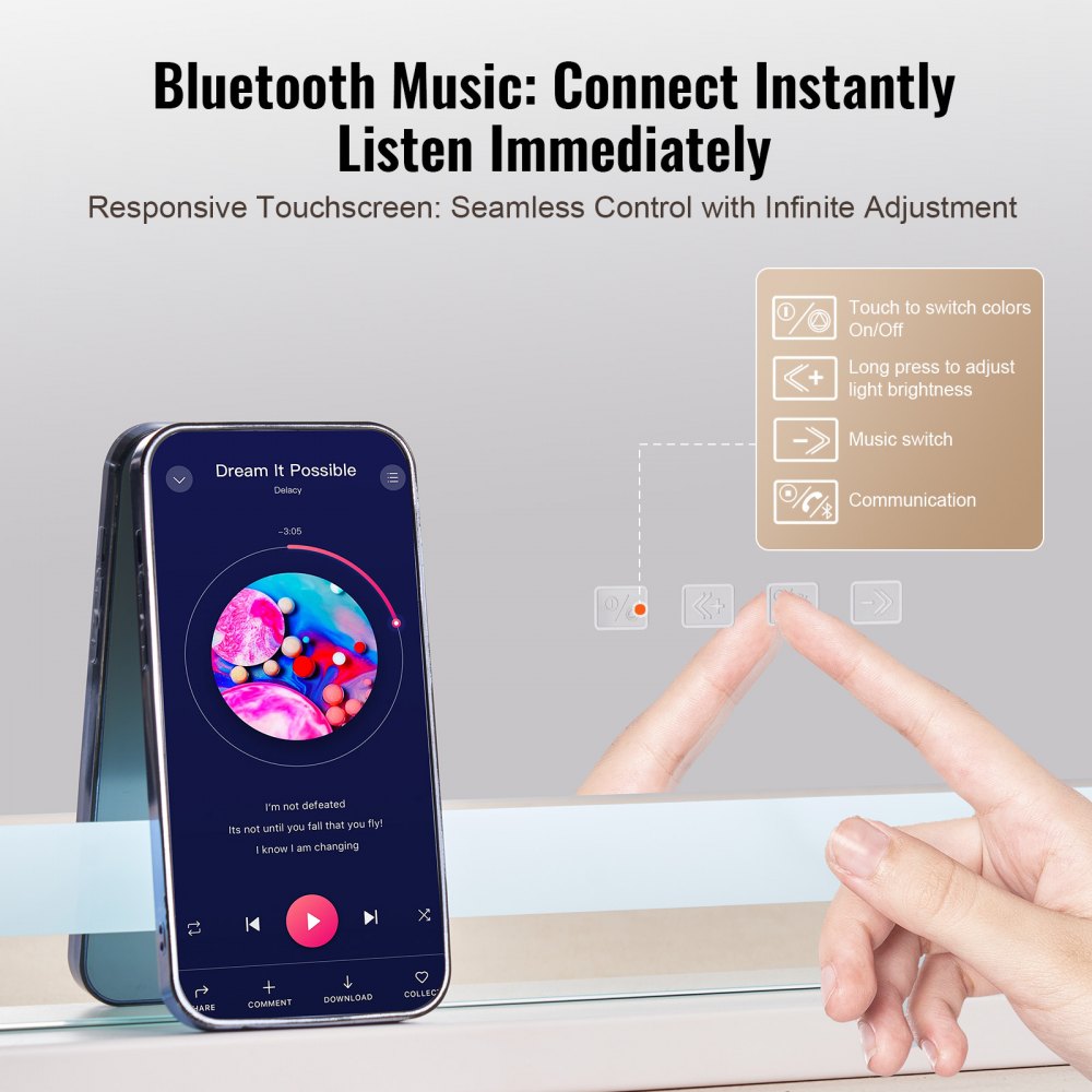 Lighted Makeup Mirror 3 Color w/ Bluetooth USB Desktop Wall-mount 21.7in