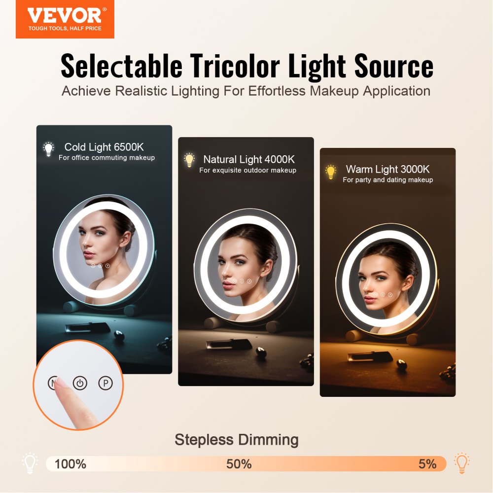12” Vanity Mirror With Lights LED Makeup Round w/ Smart Touch for Bedroom