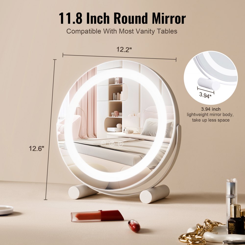 12” Vanity Mirror With Lights LED Makeup Round w/ Smart Touch for Bedroom
