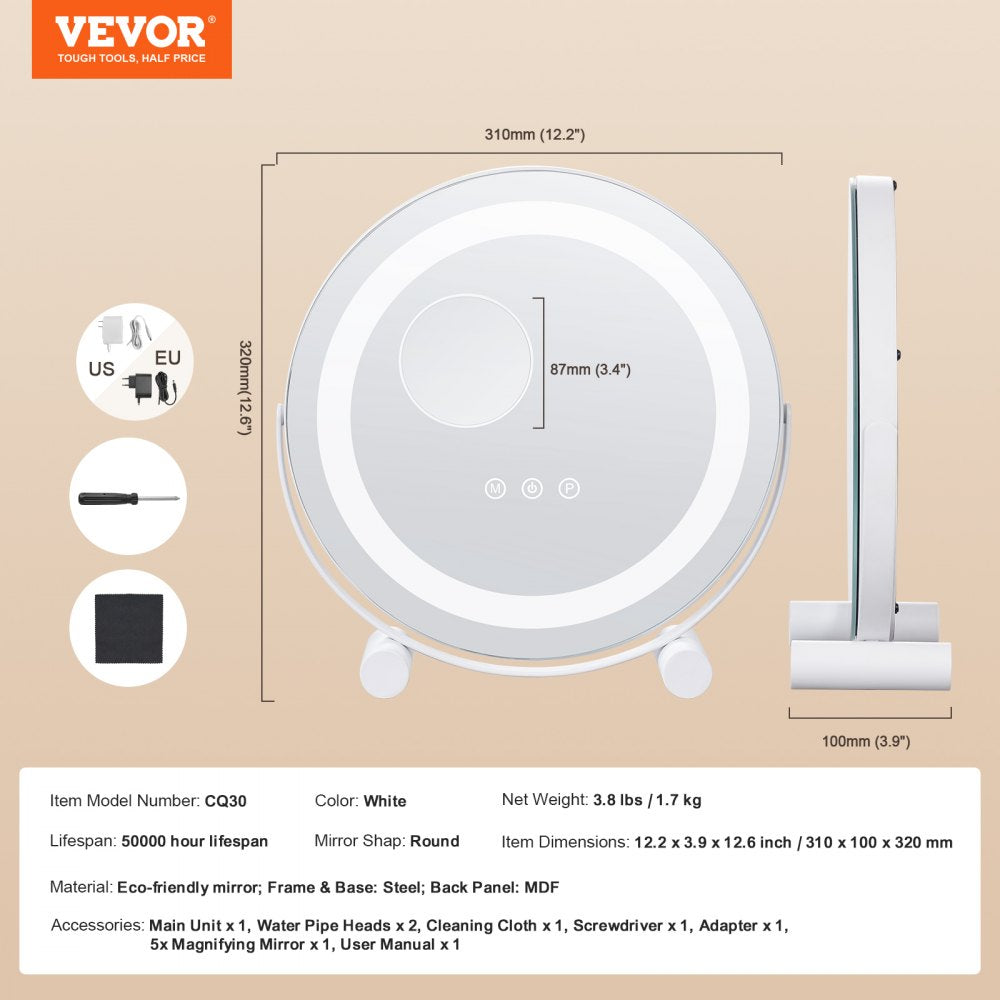 12” Vanity Mirror With Lights LED Makeup Round w/ Smart Touch for Bedroom