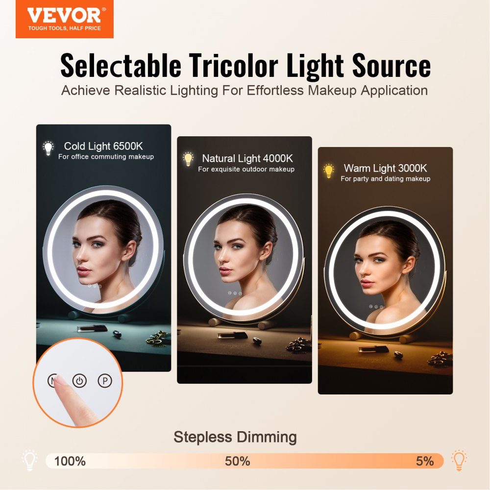 20” Vanity Mirror With Lights LED Makeup Round w/ Smart Touch for Bedroom