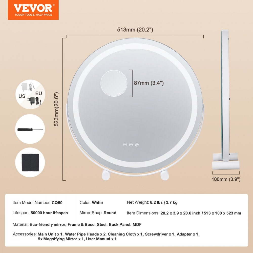 20” Vanity Mirror With Lights LED Makeup Round w/ Smart Touch for Bedroom