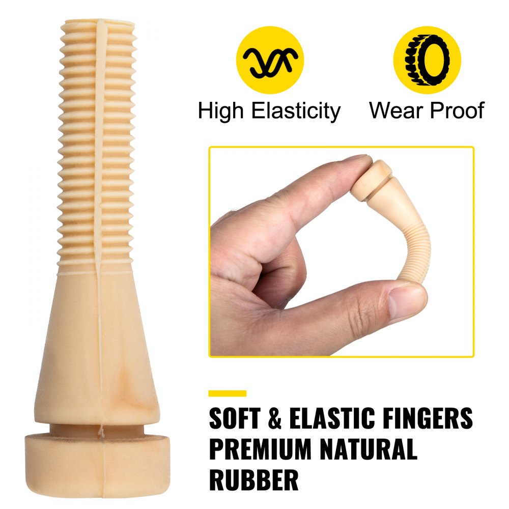 Beige rubber chicken plucker finger attachment held between thumb and forefinger showing flexibility.