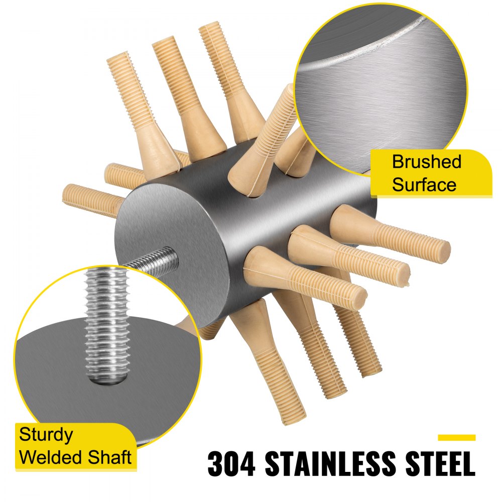 Stainless steel chicken plucker drill attachment with 18 rubber fingers and welded shaft.