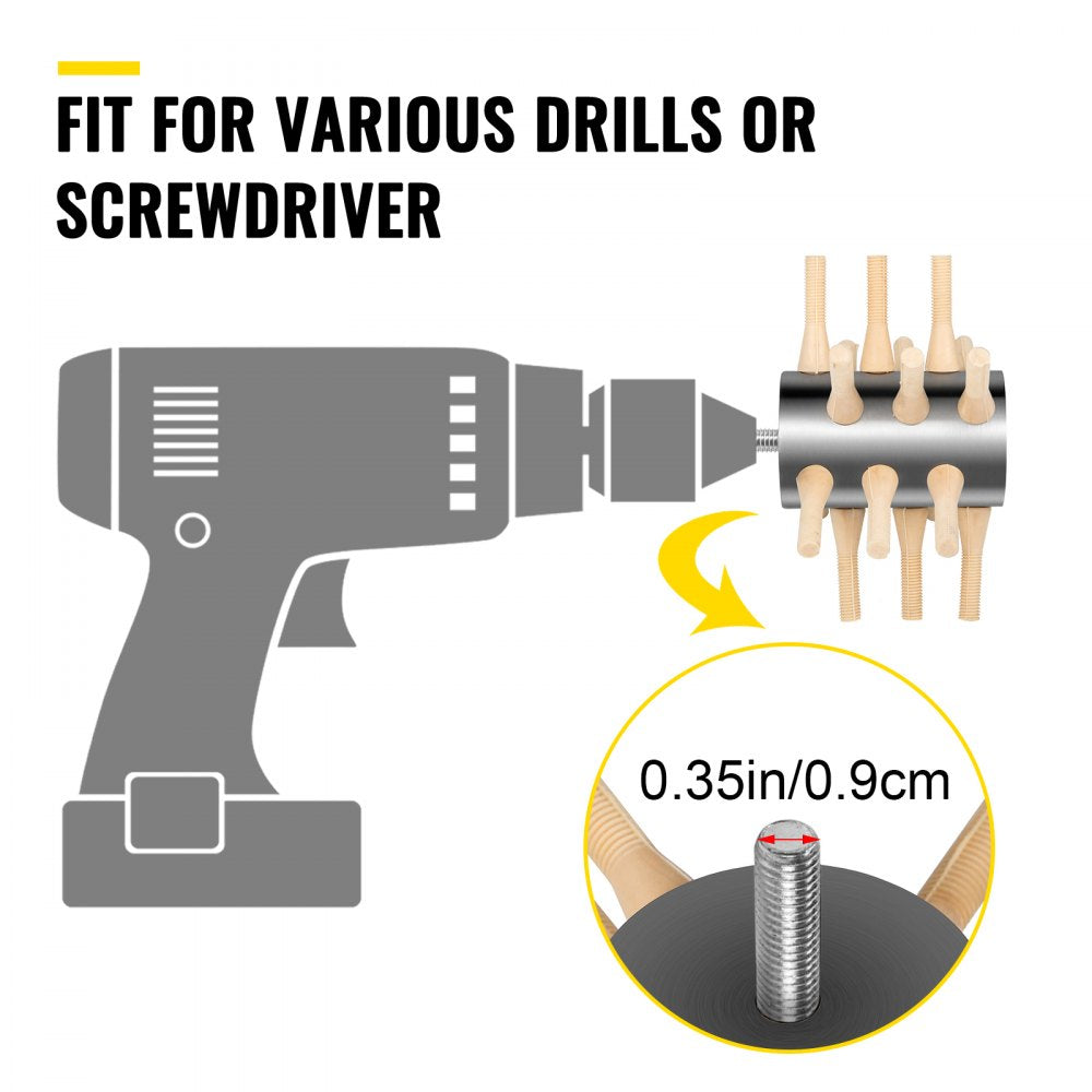 Stainless steel chicken plucker drill attachment with 18 rubber fingers and 0.35-inch shank.