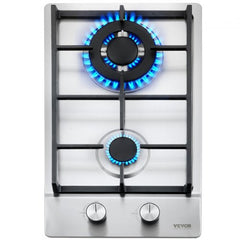 Gas Cooktop 12 inch, Max 12250BTU 2 Burners Built-in Stainless Steel Gas Stove Top, LPG/NG Convertible Dual Fuel Natural Gas Hob with Thermocouple Protection