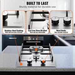 Gas Cooktop 12 inch, Max 12250BTU 2 Burners Built-in Stainless Steel Gas Stove Top, LPG/NG Convertible Dual Fuel Natural Gas Hob with Thermocouple Protection