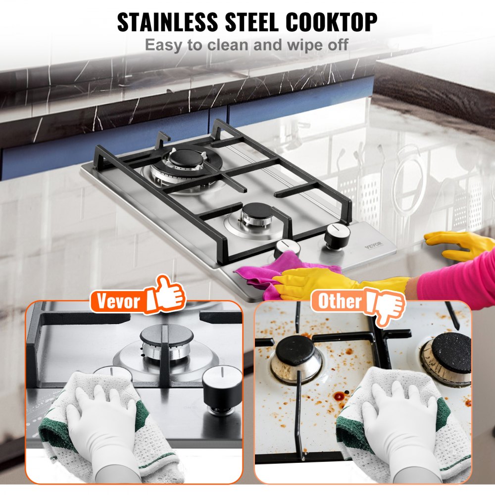 Gas Cooktop 12 inch, Max 12250BTU 2 Burners Built-in Stainless Steel Gas Stove Top, LPG/NG Convertible Dual Fuel Natural Gas Hob with Thermocouple Protection