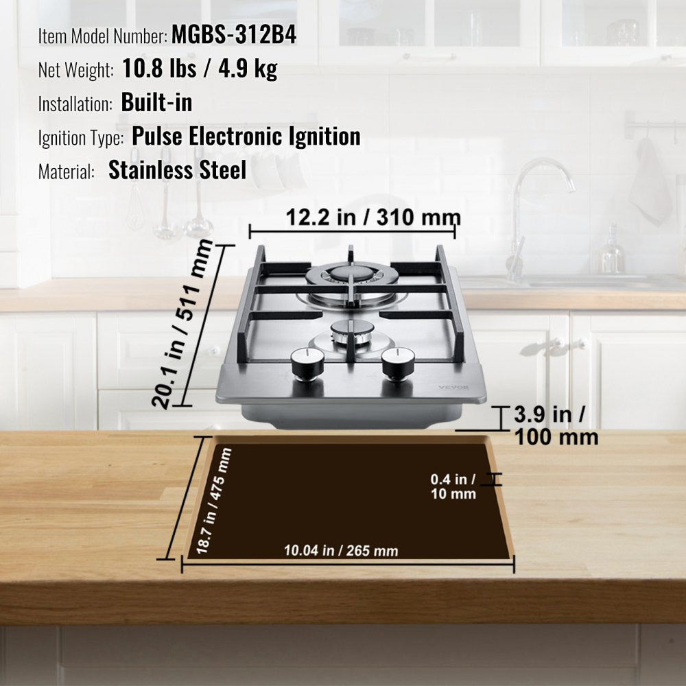 Gas Cooktop 12 inch, Max 12250BTU 2 Burners Built-in Stainless Steel Gas Stove Top, LPG/NG Convertible Dual Fuel Natural Gas Hob with Thermocouple Protection
