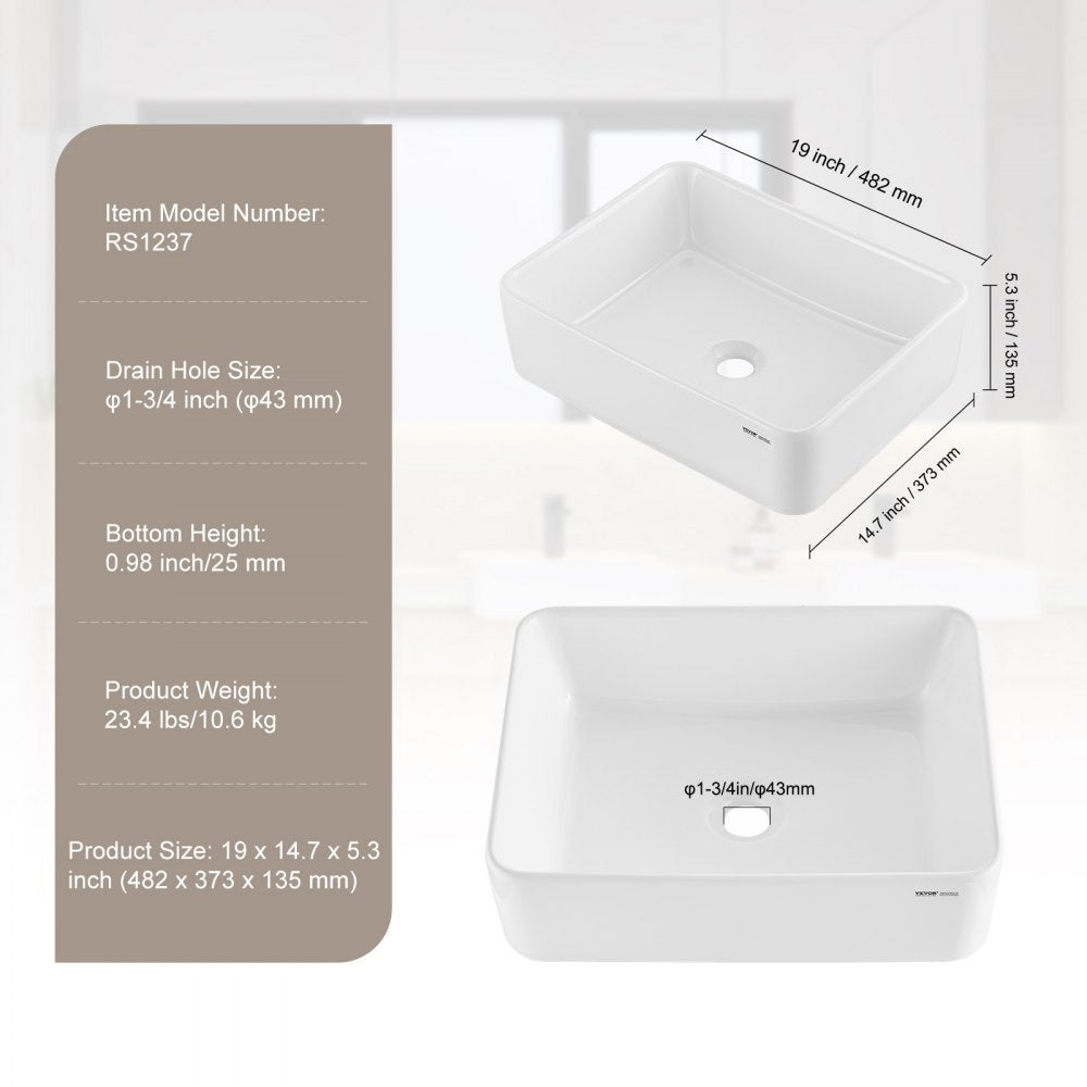 Modern Ceramic Vessel Sink 19"x14.7" Bathroom Vanity Bowl Countertop White