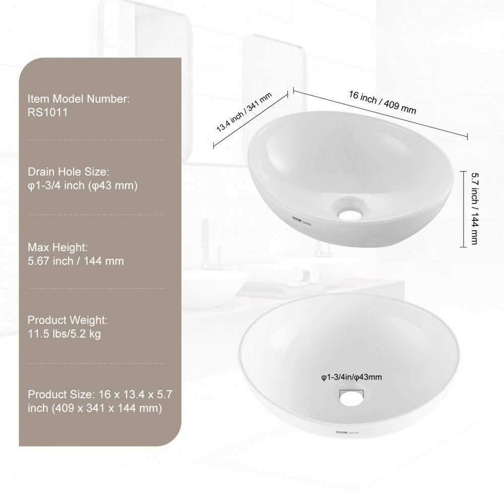 Modern Ceramic Vessel Sink 16"x13.4" Bathroom Vanity Bowl Countertop White