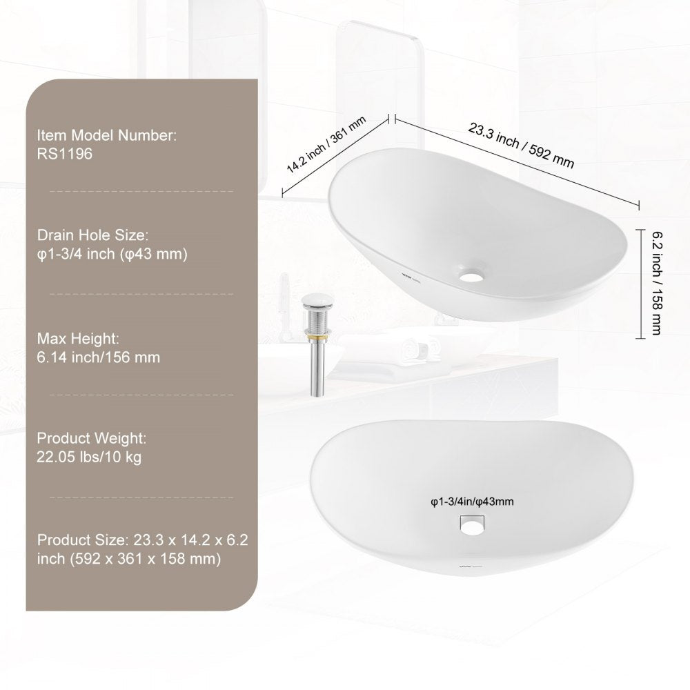 Modern Ceramic Vessel Sink 23.3" x 14.2" Bathroom Vanity Bowl Countertop
