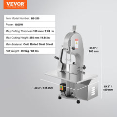 1800W Commercial Electric Meat Bandsaw Stainless Steel Bone Sawing Machine