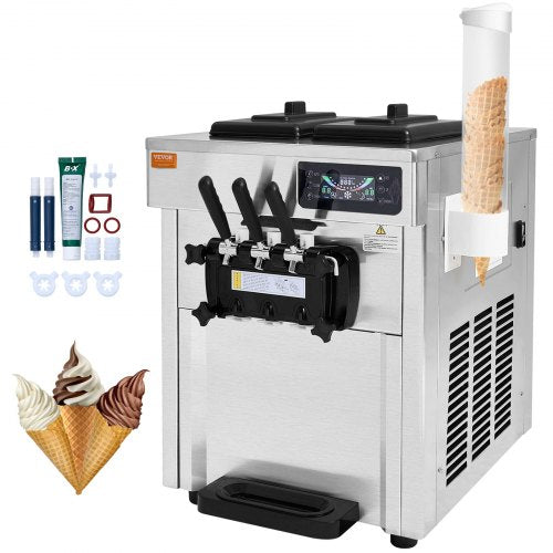 Silver countertop soft serve ice cream machine with 3 flavors, displaying cones and accessories.