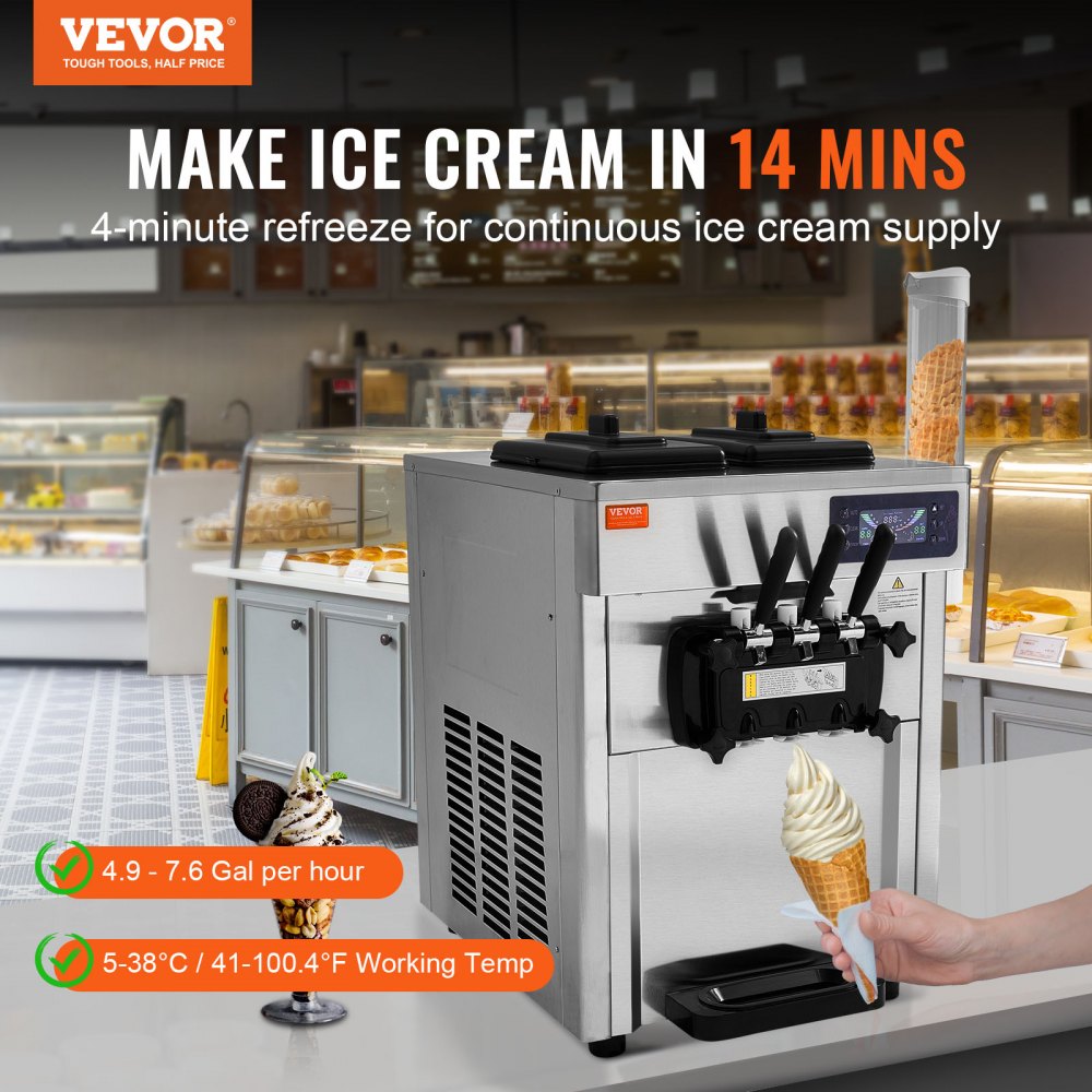 Countertop soft serve ice cream machine with 3 flavors, 18-28L/H output, and stainless steel design.