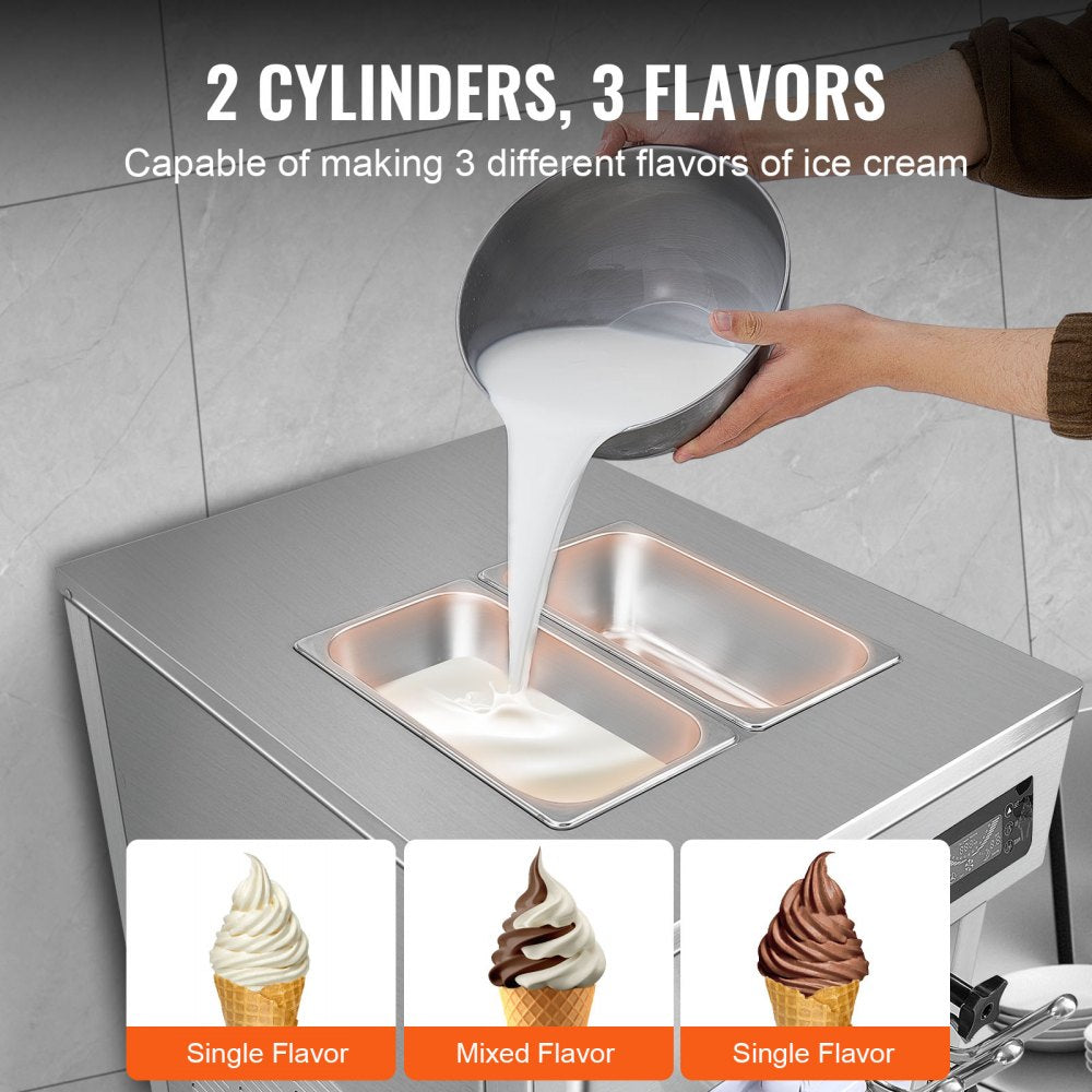 Countertop soft serve ice cream machine with 2 cylinders for 3 flavors: vanilla, chocolate, and swirl.