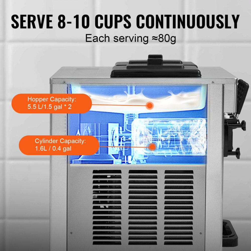 3-flavor countertop soft serve ice cream machine with 5.5L hoppers and 1.6L cylinder.