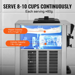 3-flavor countertop soft serve ice cream machine with 5.5L hoppers and 1.6L cylinder.