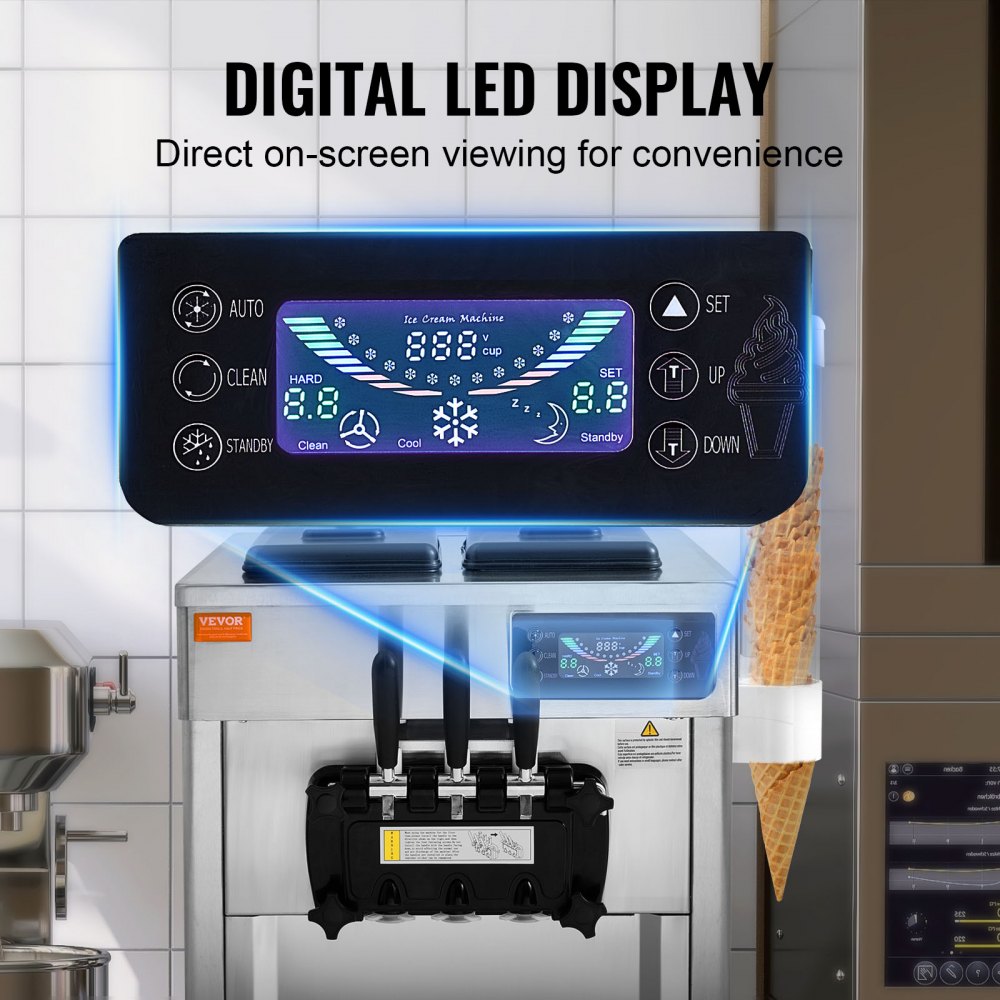 Countertop soft serve ice cream machine with 3-flavor LED display and 3 dispensers.