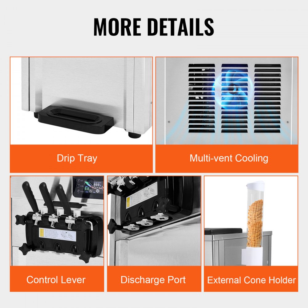 Countertop soft serve ice cream machine with 3 flavors, drip tray, multi-vent cooling, control lever, discharge port, and external cone holder.
