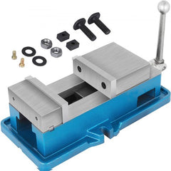 Blue and silver 4-inch precision milling vise with handle and mounting hardware on white background