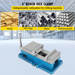 4-inch precision milling vise in blue cast iron with silver jaws and black handle.