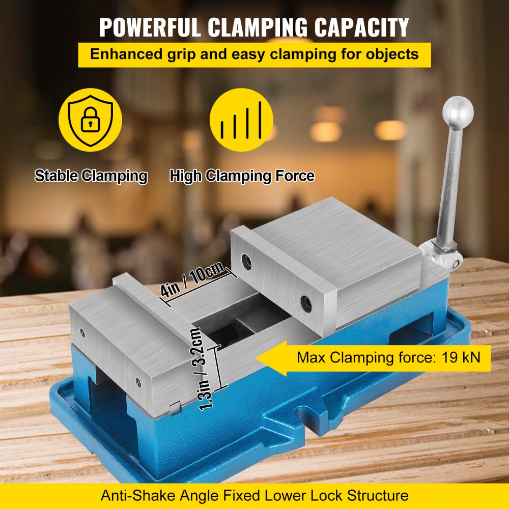 4-inch blue precision milling vise made of cast iron with adjustable handle and 19 kN clamping force.
