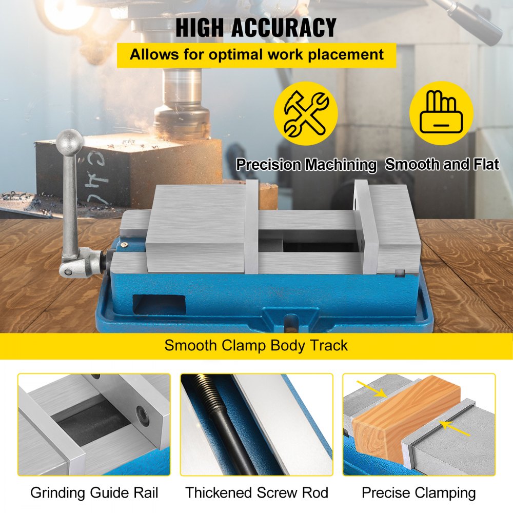 4-inch precision milling vise made of cast iron with steel jaws and locking mechanism.