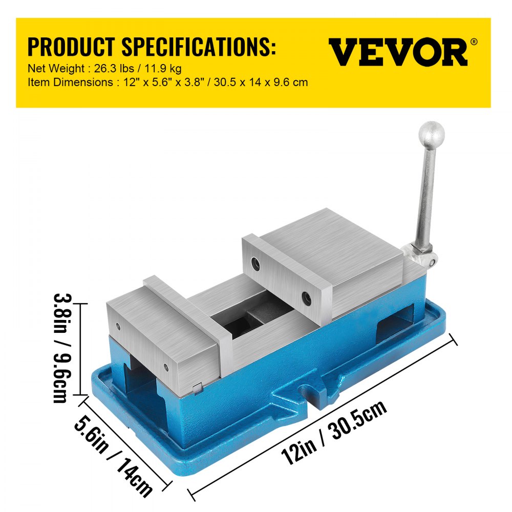 A blue 4-inch precision milling vise made of cast iron with steel jaws and a handle.