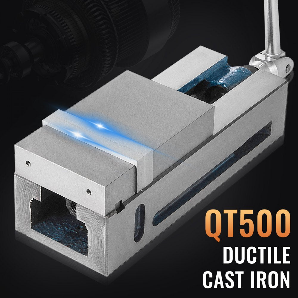 4-inch precision milling vise made of nodular cast iron with 19KN clamping force.