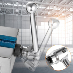 4-inch precision milling vise with nodular cast iron body and silver handles on a blue base.