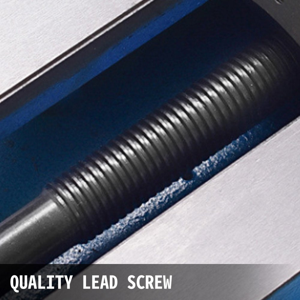 Close-up of a quality lead screw in a precision milling vise with blue accents.