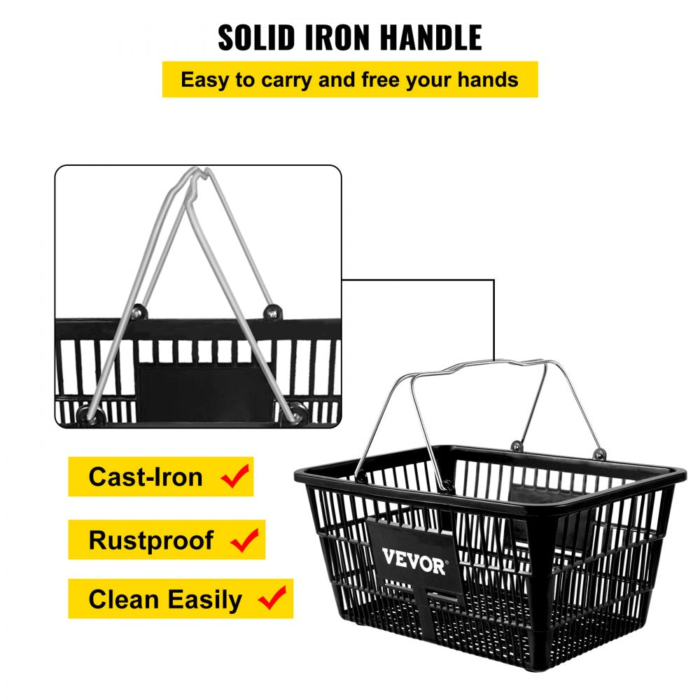 Shopping Basket, Set of 12 Black, Durable PE Material with Handle and Stand, Basket Dimension 16.9"L x 11.8"W x 8.07"H and Used for Supermarket, Retail, Grocery- Holds 21 L of Merchandise